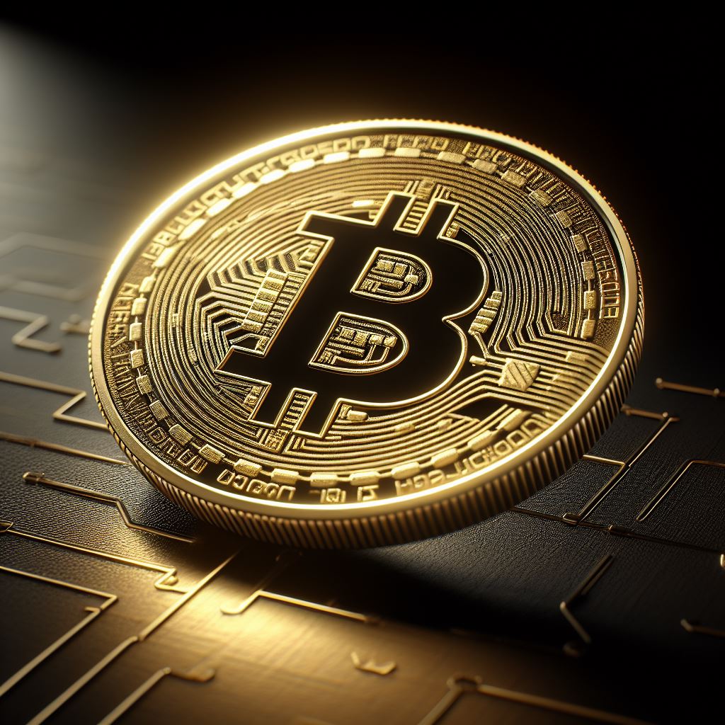 Close-up of a shiny Bitcoin token on a digital circuit background, symbolizing cryptocurrency investment