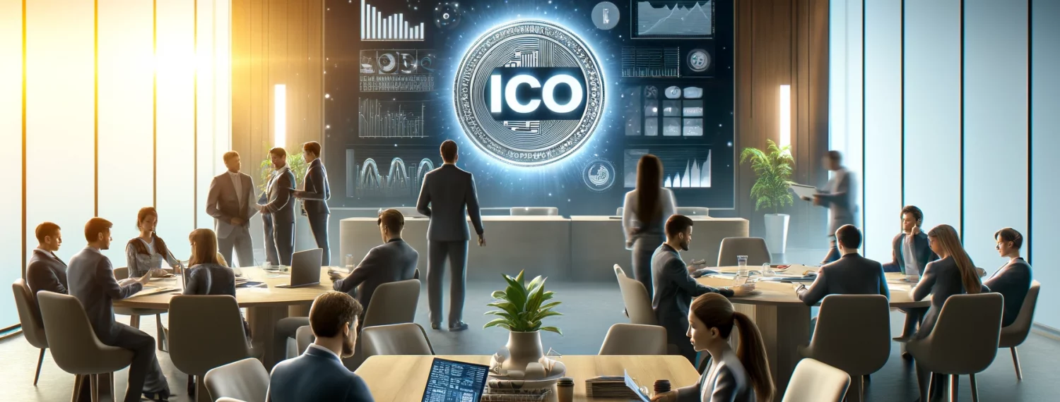 A modern, well-lit conference room filled with professionals engaged in discussions and working on laptops, showcasing an Initial Coin Offering (ICO) event. The large screen in the background displays the ICO logo along with various charts and data, emphasizing the financial and technological aspects of the event. The atmosphere is professional and collaborative, reflecting the dynamic environment of a blockchain and cryptocurrency-focused gathering.