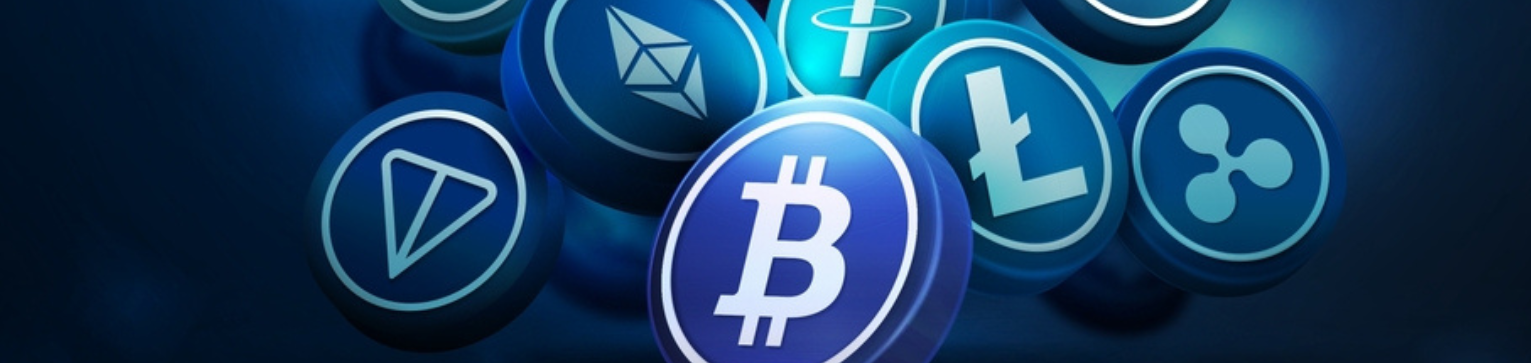 Assorted cryptocurrency logos including Bitcoin, Ethereum, and Litecoin glowing in a dynamic blue setup, symbolizing the digital currency market and blockchain technology