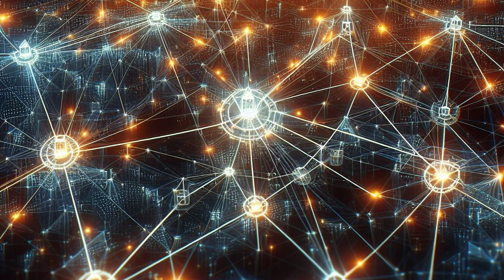 The image depicts a vast and intricate network of nodes and connections illuminated against a backdrop suggestive of a digital landscape, symbolizing the revolutionary and far-reaching impacts of blockchain technology in various aspects of daily life and the global economy.
