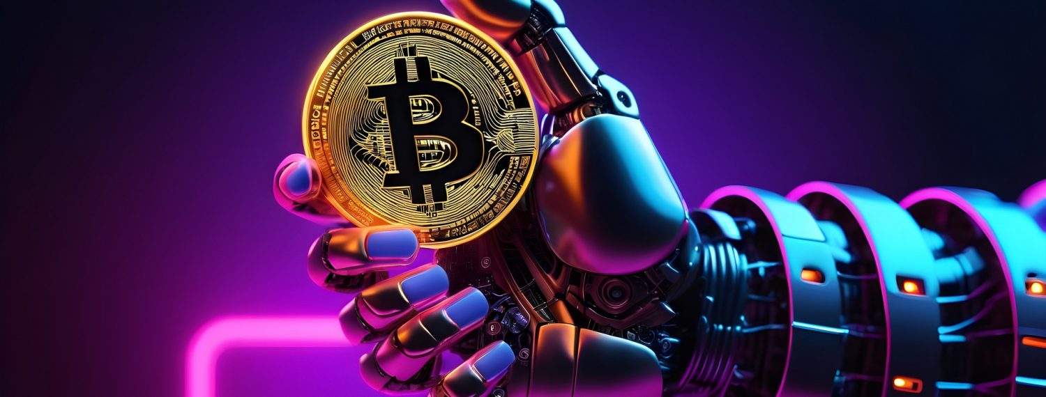 The image displays a robotic arm holding a Bitcoin coin against a futuristic neon-lit backdrop, suggesting the integration of advanced technology and automation in the realm of digital currencies and the increasing trend of cryptocurrency in the tech-driven future.