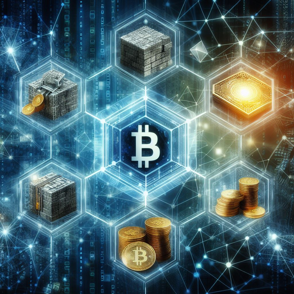 A visually compelling digital montage featuring the Bitcoin symbol at the center of a network of hexagonal shapes, each containing elements related to cryptocurrency, such as coin stacks and circuit-like structures, signifying the complex and interconnected system of blockchain technology that underpins Bitcoin's functionality.