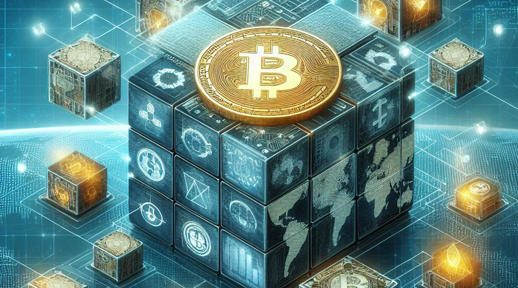 The image features a large Bitcoin coin on top of a cube composed of multiple blocks with various cryptocurrency symbols, set against a digital background that represents a blockchain network. This imagery suggests the foundational role of blockchain in supporting cryptocurrencies and the digital transformation of financial systems.