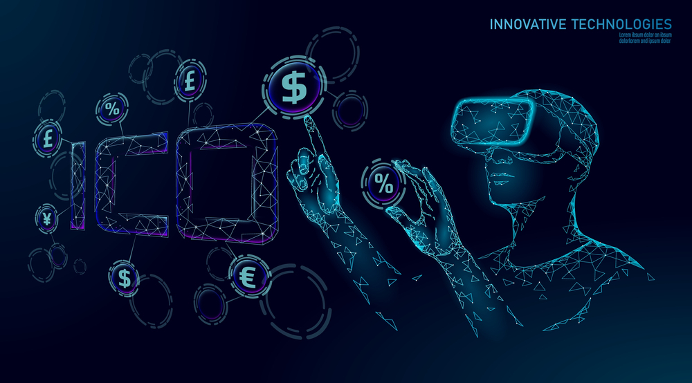 Digital artwork illustrating ICO investment concept with wireframe figure wearing VR headset interacting with currency symbols and ICO letters in a dark blue futuristic setting.