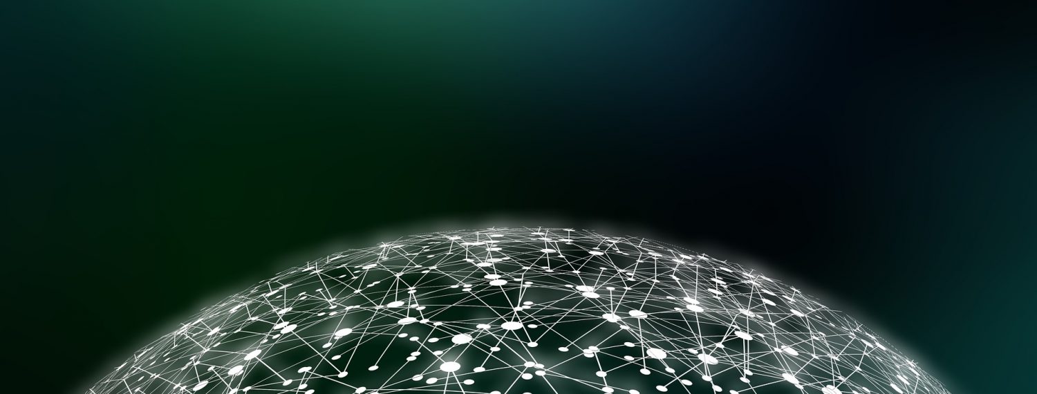An illustration of a stylized network globe, representing the complex and interconnected structure of blockchain technology, which is fundamental to the function of various cryptocurrencies. The white nodes and connecting lines against the dark gradient background evoke the decentralized and digital nature of blockchain.