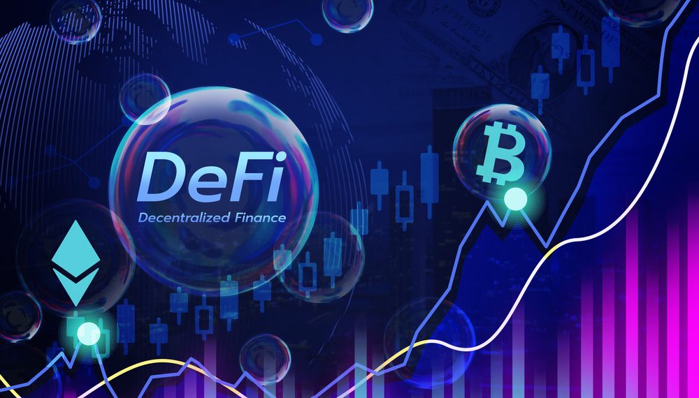 This is a visually engaging composition that features the theme of Decentralized Finance (DeFi). It includes prominent symbols like Ethereum and Bitcoin within transparent spheres, overlaid on a background of financial elements and a rising graph line, symbolizing the growth and futuristic approach of DeFi in the financial landscape. The overall design conveys the concept of an emerging, dynamic market and the disruption of traditional finance by blockchain technologies.