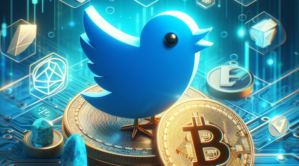 An image featuring a Twitter bird symbol perched atop a Bitcoin, surrounded by various cryptocurrency and social media icons floating above a circuit board. The design merges the digital currency world with social media, indicating the influence of platforms like Twitter on cryptocurrency markets.