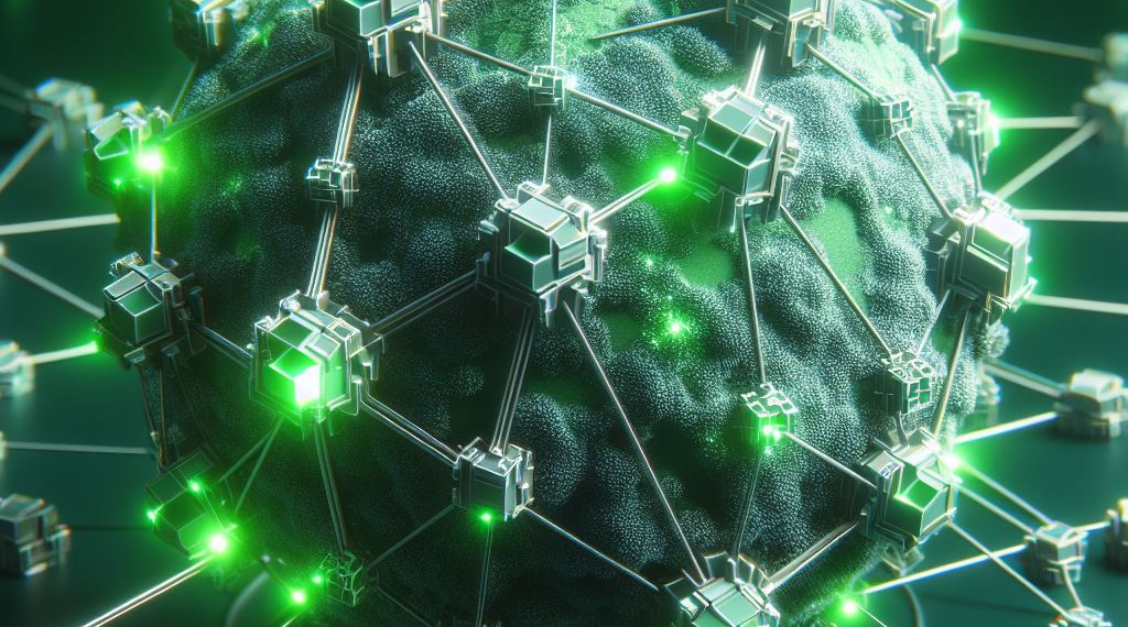 Illustration of a 3D global network with interconnected nodes and bright green connections, representing a decentralized blockchain network powering a sustainable and secure future in technology and finance.