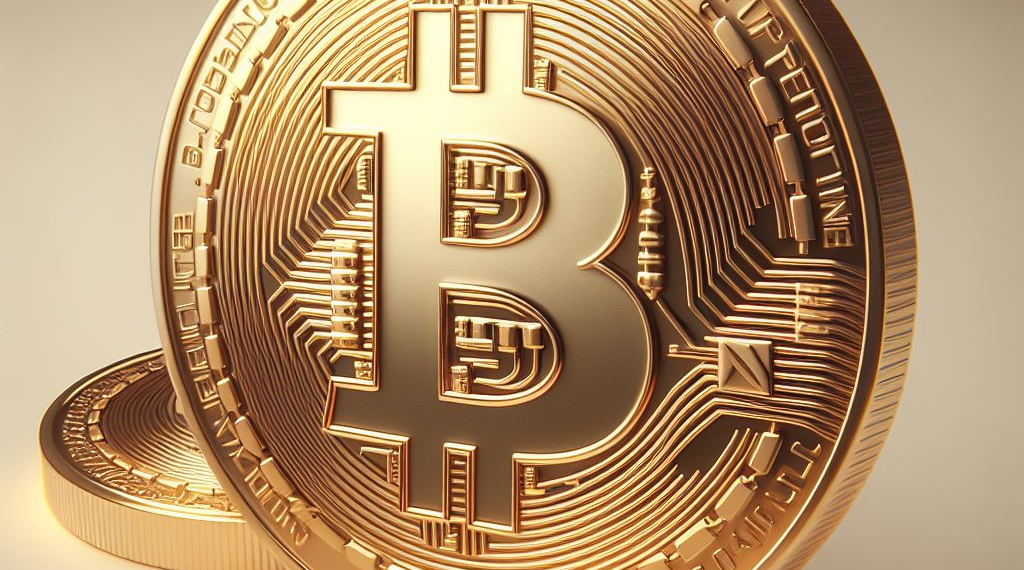 Two golden Bitcoin coins with intricate circuitry details, representing the pioneering cryptocurrency and its innovative blockchain technology, set against a soft illuminated background.