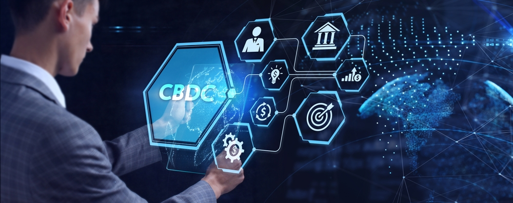 Professional in a suit interacting with a futuristic holographic interface displaying Central Bank Digital Currency (CBDC) and various financial symbols, against a global network background, representing the cutting-edge of digital finance and monetary policy.