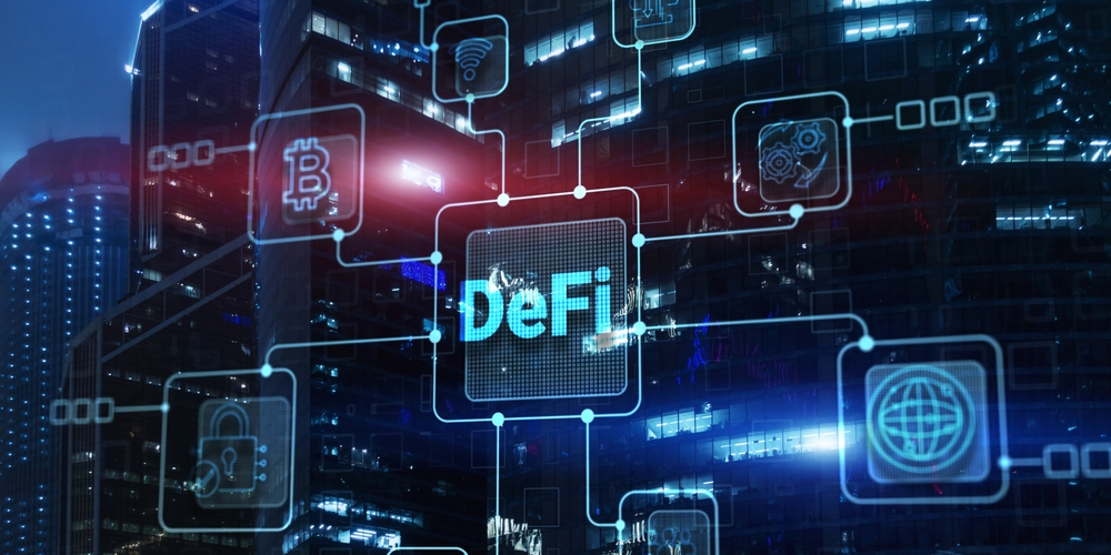 Decentralized Finance (DeFi) concept with interconnected blockchain and cryptocurrency icons including Bitcoin and smart contracts over a backdrop of illuminated modern skyscrapers at night, representing the futuristic integration of finance and technology.