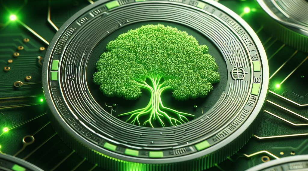 Digital coin with a vibrant green tree illustration at its center, set on a circuit board background, symbolizing eco-friendly cryptocurrency and sustainable blockchain technology.