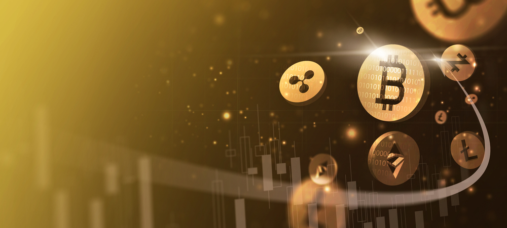Assortment of golden cryptocurrency tokens including Bitcoin, Ethereum, and Litecoin floating with digital binary code, against a backdrop of a candlestick trading chart, highlighting the digital wealth and investment in the fintech industry.