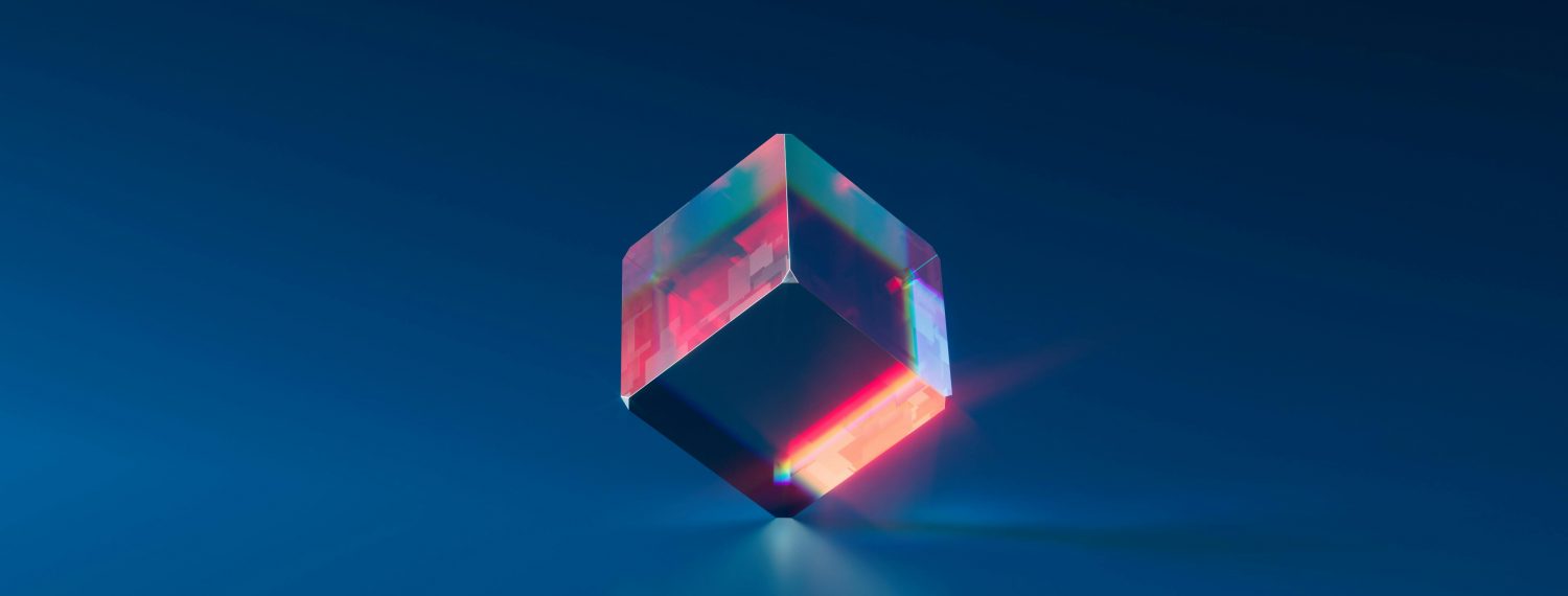 Abstract digital artwork of a floating glass cube with prismatic reflections on a serene blue gradient background, conveying concepts of clarity, transparency, and modern design