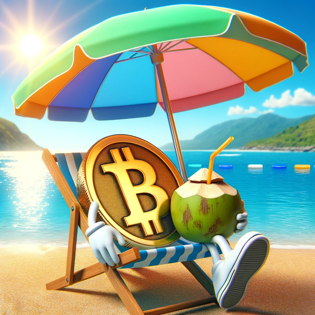 This image is a playful and imaginative take on the world of cryptocurrency, personifying a Bitcoin as a character relaxing on a beach. The Bitcoin coin is depicted sitting in a beach chair under a colorful umbrella, with a fresh coconut drink complete with a straw, suggesting a leisurely and carefree attitude.