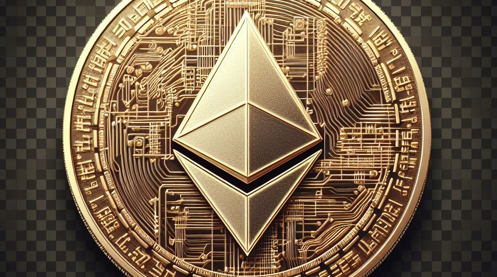 This image illustrates a 3D rendering of an Ethereum coin, which is a visual representation of the popular cryptocurrency.