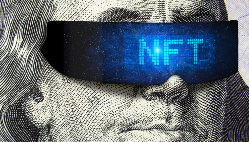 The image presents a striking and creative juxtaposition of classic and digital art forms. It shows a highly detailed portion of a US hundred-dollar bill, focusing on the portrait of Benjamin Franklin. A significant modern twist is added with a digital blindfold covering Franklin's eyes, emblazoned with the bright blue letters 