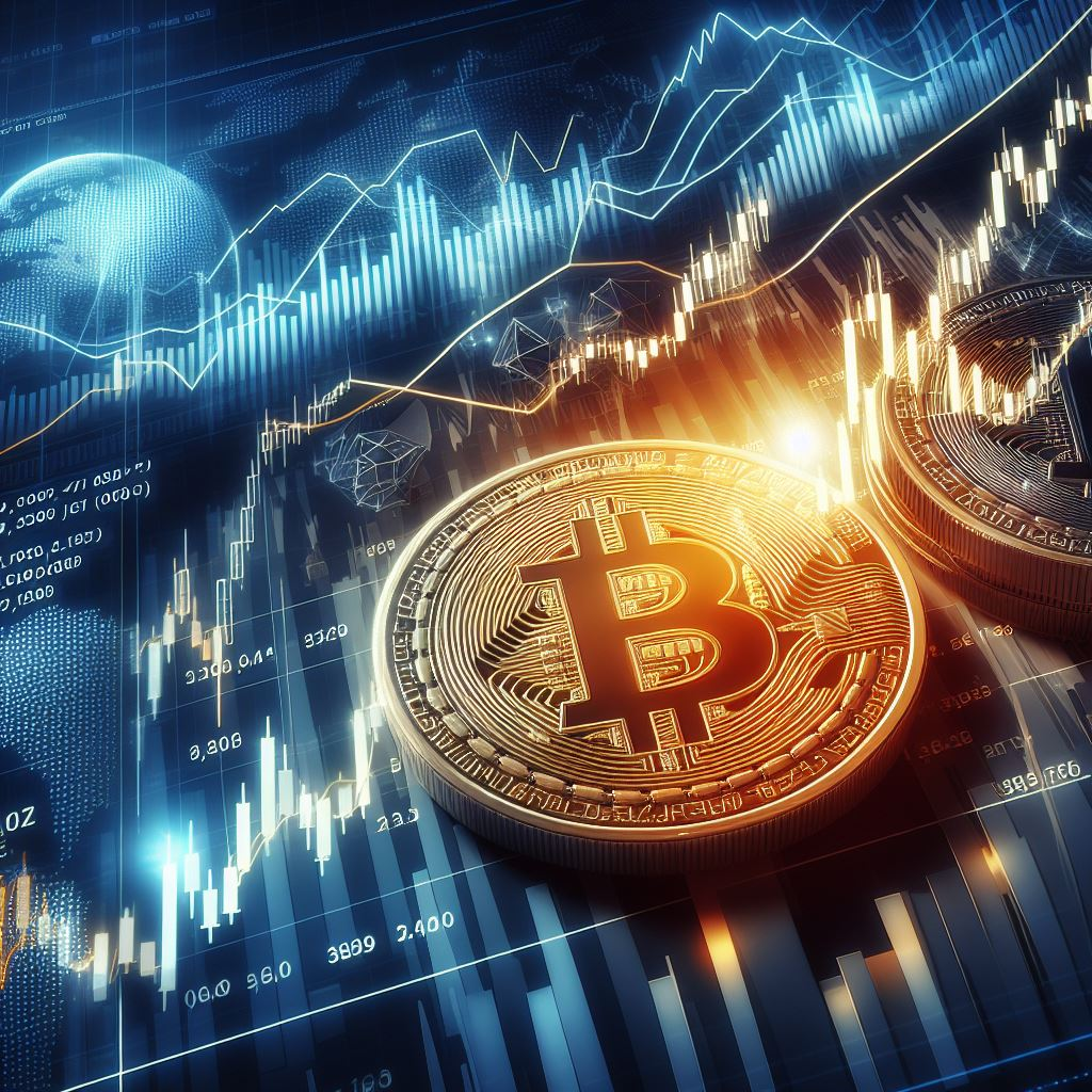 This image features a visually dynamic representation of the cryptocurrency market, with a strong focus on Bitcoin. In the forefront, a highly detailed, golden Bitcoin token shines prominently, symbolizing the digital asset's value and prominence in the financial sector. The background is composed of overlaid graphics that mimic financial charts, including candlestick graphs and line charts, illustrating market trends and the volatility typically associated with digital currencies. The inclusion of a global map motif suggests the worldwide reach and impact of Bitcoin trading. The overall aesthetic is futuristic and high-tech, reflecting the cutting-edge nature of cryptocurrency investments.