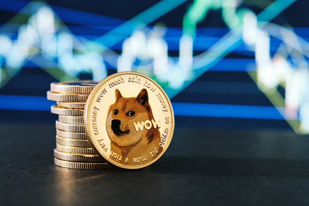 Dogecoin cryptocurrency represented by a gold coin with Shiba Inu dog mascot, stacked on other coins against a blurred stock market graph background, symbolizing investment in digital currency.