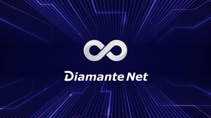 Logo of Diamante Net against a dynamic digital blue background, symbolizing advanced blockchain technology and secure network solutions