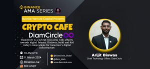 Binance AMA Series graphic featuring Crypto Cafe with DiamCircle, hosting CTO Arijit Biswas on 11 March 2024 at 10 AM UTC, presented by Sunrise Venture Capital with a $50 USDT prize.