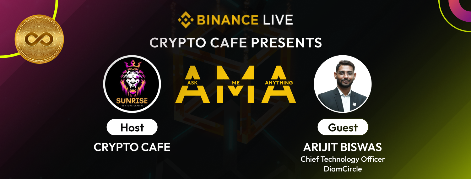 Binance AMA Series graphic featuring Crypto Cafe with DiamCircle, hosting CTO Arijit Biswas on 11 March 2024 at 10 AM UTC, presented by Sunrise Venture Capital with a $50 USDT prize.