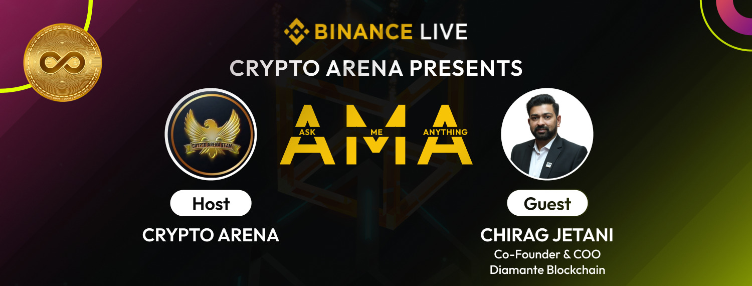 Promotional graphic for Binance Live's Crypto Arena AMA event featuring DiamCircle, hosted by Crypto Arena with guest Chirag Jetani, on 28 February at 4:00 PM UTC, with a $50 USDT reward.