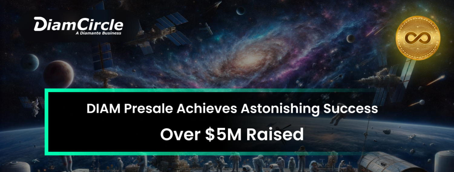 DIAM Circle Token against a cosmic backdrop, with headline stating 'DIAM Presale Achieves Astonishing Success Over $5M Raised