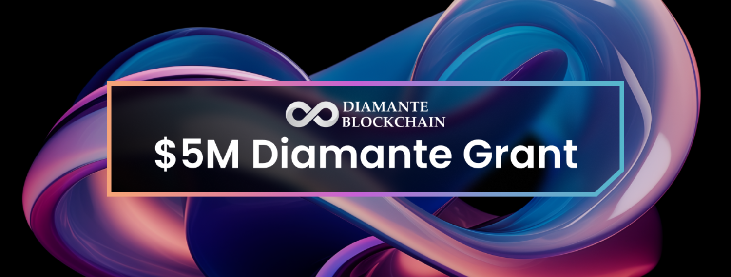Vibrant abstract swirls backdrop highlighting the Diamante Blockchain logo and the announcement of the $5M Diamante Grant for innovative projects