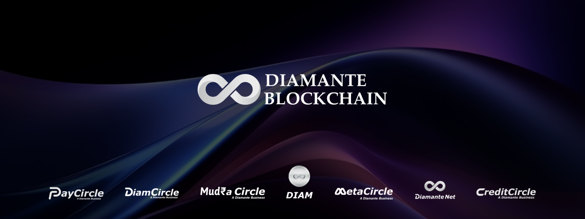 Diamante Blockchain logo with associated businesses including PayCircle, DiamCircle, MudraCircle, MetaCircle, DIAM, Diamante Net, and CreditCircle, representing a comprehensive blockchain ecosystem for various industries
