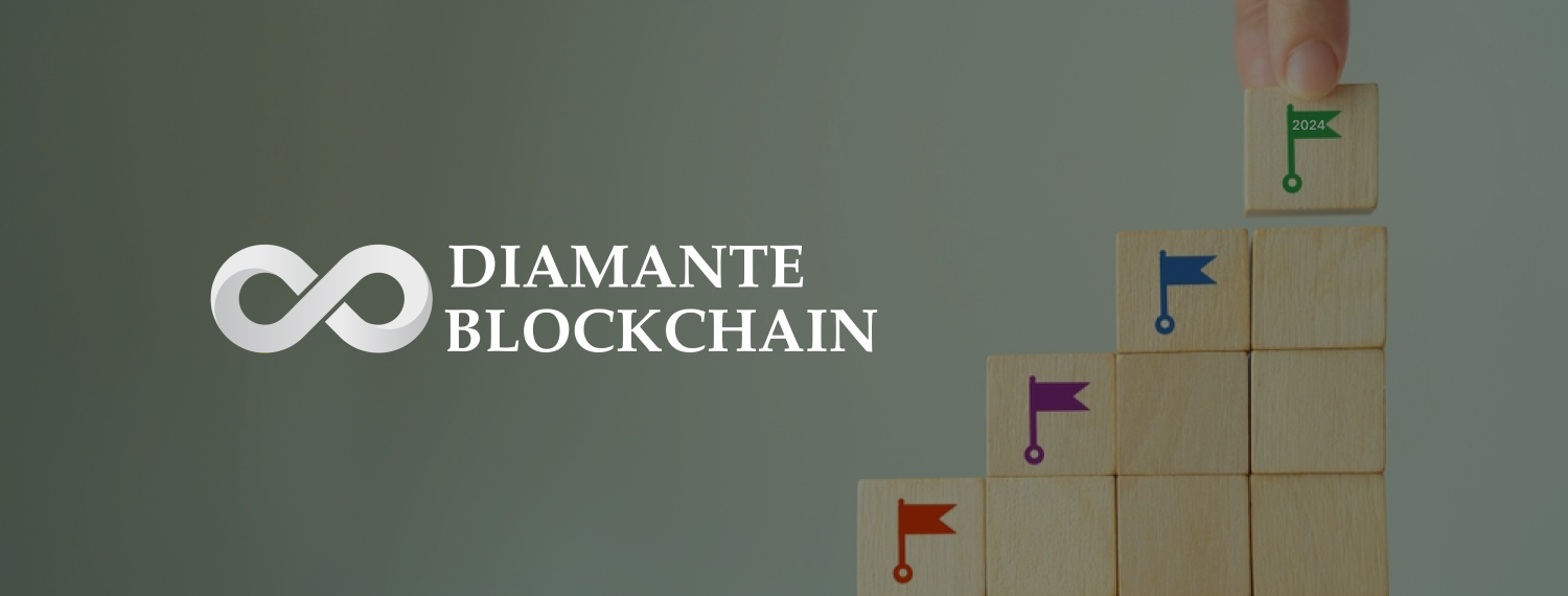 Hand placing the final piece on a staircase of wooden blocks with directional arrows and years, symbolizing Diamante Blockchain's strategic growth plan towards revolutionizing global finance by 2026.
