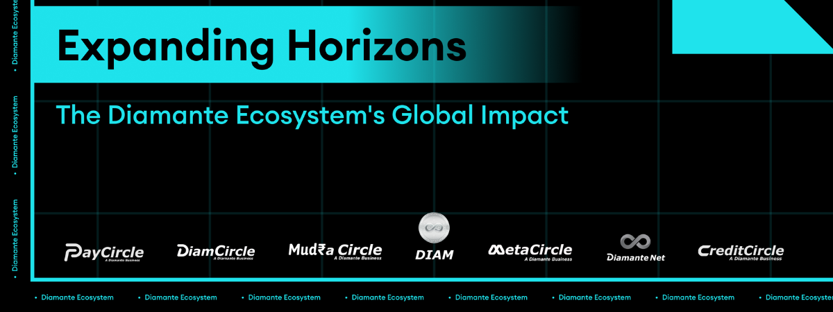 Infographic showcasing the Diamante Ecosystem's expanding horizons and its global impact with logos of PayCircle, DiamCircle, MudraCircle, DIAM, MetaCircle, Diamante Net, and CreditCircle