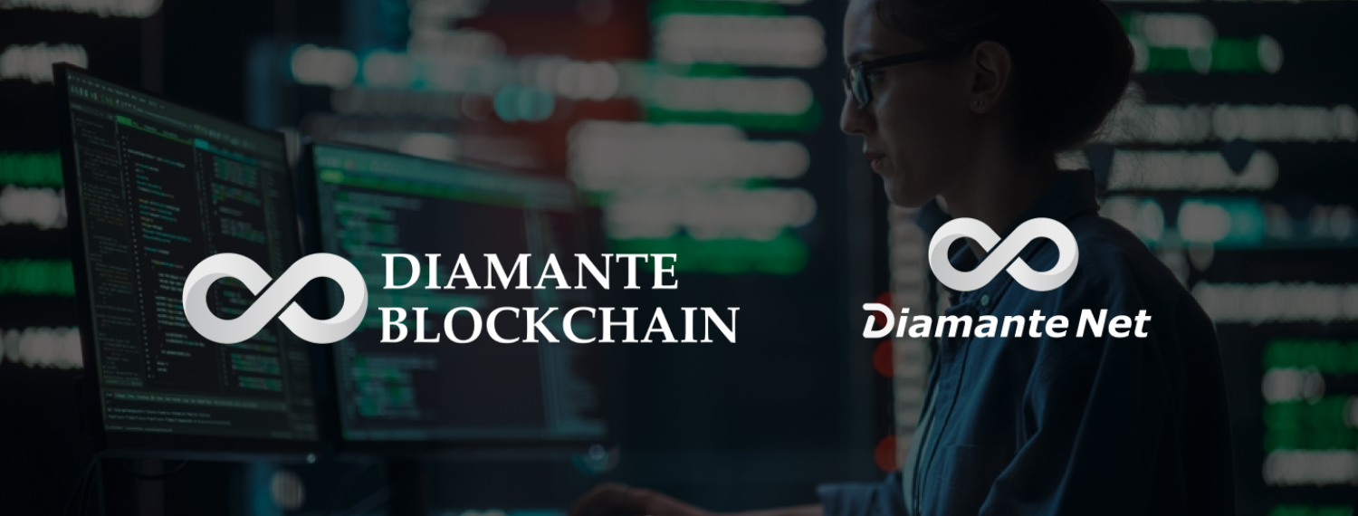 Female developer coding on dual monitors in a dark office with Diamante Blockchain and Diamante Net logos overlayed, symbolizing cutting-edge blockchain technology