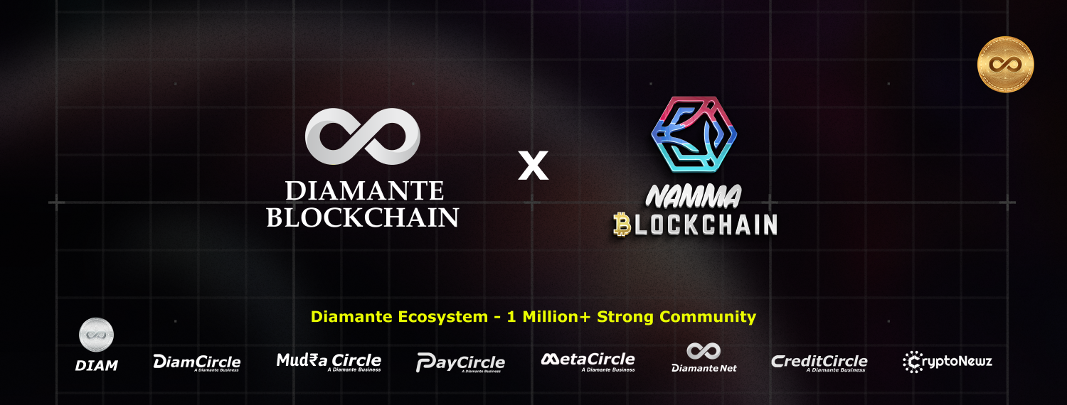Diamante Blockchain partnership with Namma Blockchain showcasing the Diamante ecosystem with over 1 million strong community. Featured brands include DIAM, DiamCircle, MudraCircle, PayCircle, MetaCircle, Diamante Net, CreditCircle, and CryptoNewz.