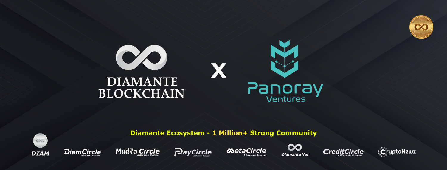Diamante Blockchain partners with Panoray Ventures - Image showcasing logos of Diamante Blockchain and Panoray Ventures, highlighting the Diamante Ecosystem with over 1 million strong community and associated businesses including DiamCircle, MudraCircle, PayCircle, MetaCircle, Diamante Net, CreditCircle, and CryptoNewz.