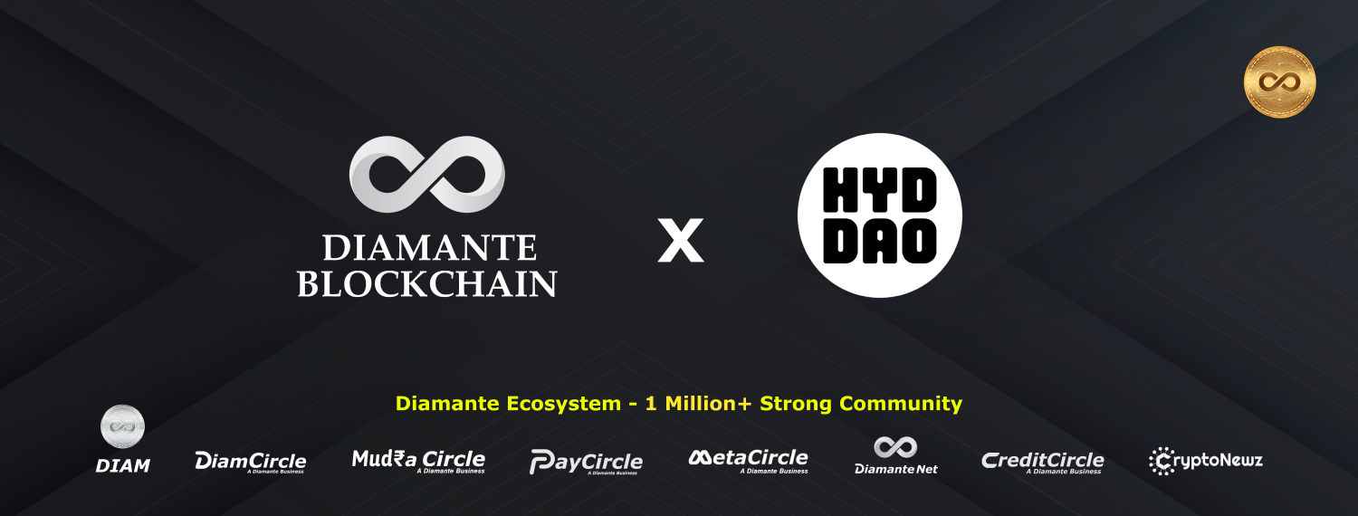 This image showcases a partnership between Diamante Blockchain and HYD Duo, set against a dark, angular background. The Diamante Blockchain logo is prominently displayed next to the HYD Duo logo, symbolizing a collaboration. Below the central graphic, text announces the 