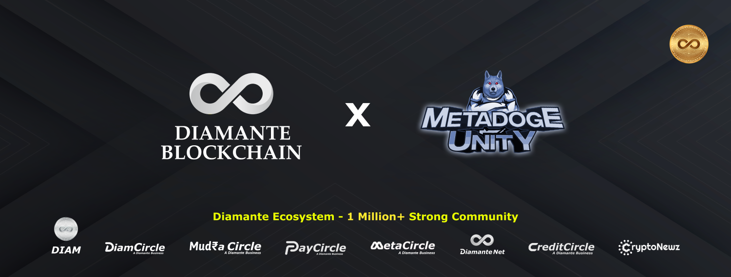 Diamante Blockchain partners with MetaDogeUnity: Image showcasing logos of Diamante Blockchain and MetaDogeUnity, highlighting Diamante Ecosystem with over 1 million strong community and various Diamante businesses.