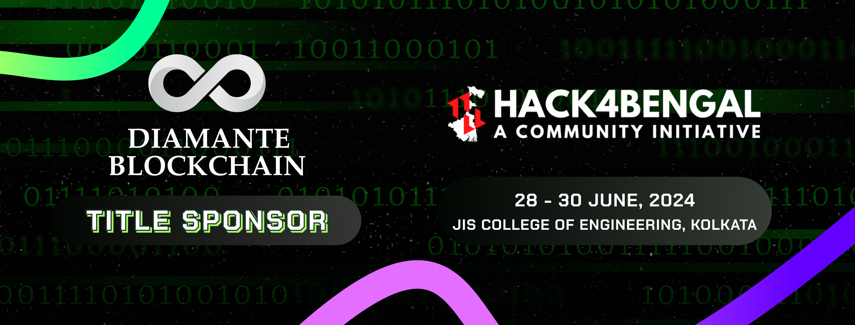 Banner announcing Diamante Blockchain as the title sponsor for Hack4Bengal 2024, a major hackathon taking place from June 28-30, 2024 at JIS College of Engineering, Kolkata. The banner features the Diamante Blockchain logo alongside the Hack4Bengal logo, with binary code in the background.