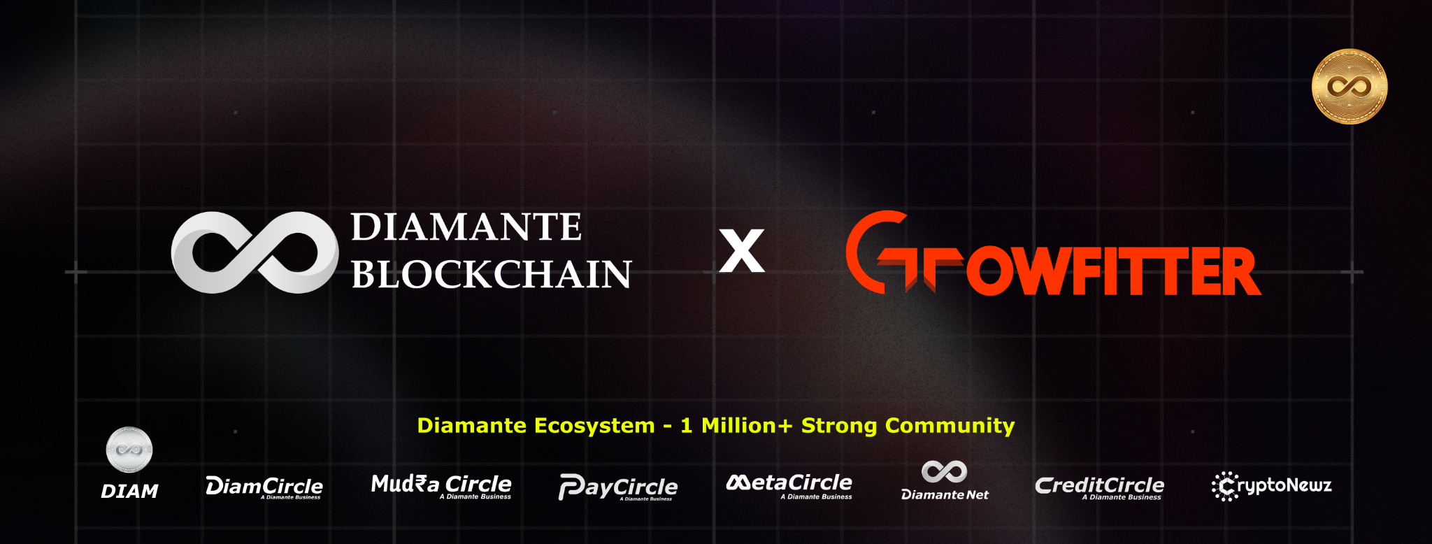 Diamante Blockchain partners with Growfitter showcasing a strong ecosystem of over 1 million members, featuring various Diamante businesses including DIAM, DiamCircle, MudraCircle, PayCircle, MetaCircle, Diamante Net, CreditCircle, and CryptoNewz