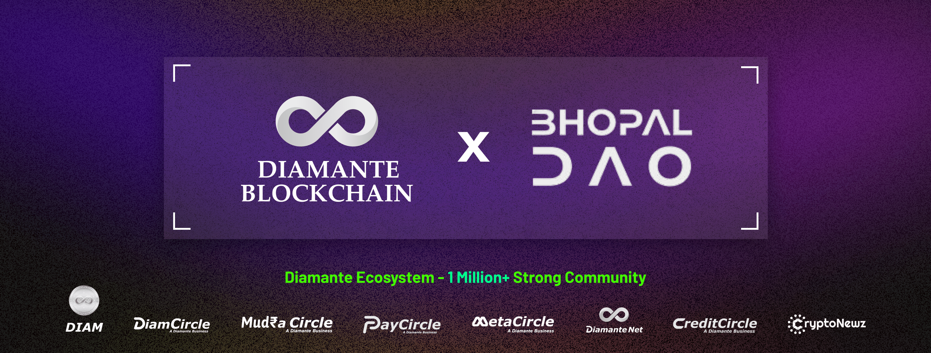 Image showcasing the collaboration between Diamante Blockchain and Bhopal DAO. The visual highlights the partnership with logos of both organizations prominently displayed on a gradient purple background. The bottom section features logos of various Diamante Ecosystem projects, including DIAM, DiamCircle, Mudra Circle, PayCircle, MetaCircle, Diamante Net, CreditCircle, and CryptoNewz, emphasizing the ecosystem's robust community of over 1 million members