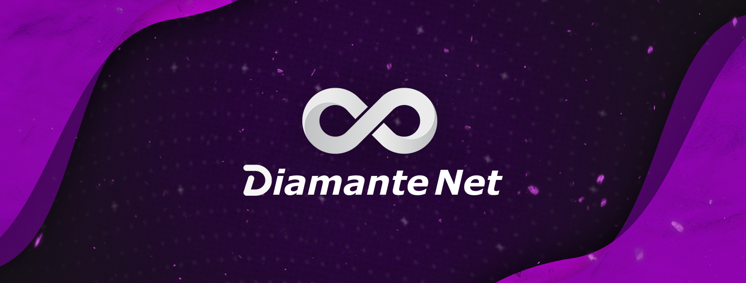 Diamante Net logo on a purple and black background with an infinity symbol representing the high-end 4th gen, layer 1 hybrid blockchain network