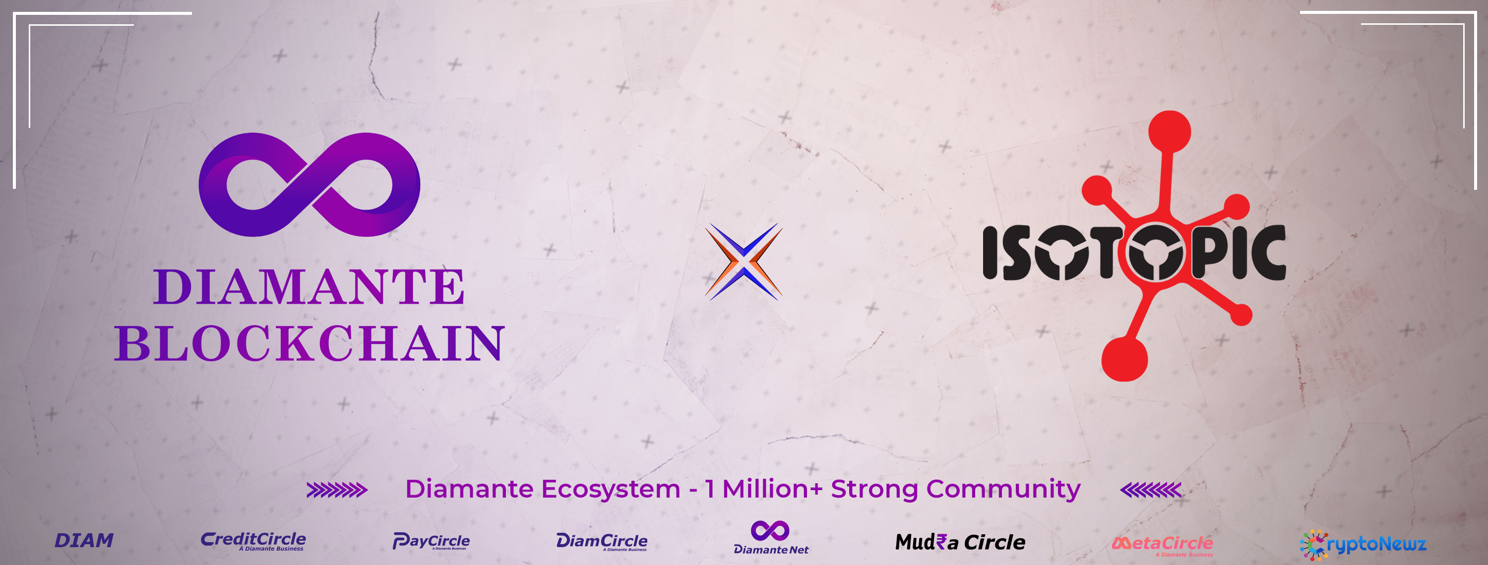 Wide banner showcasing the Diamante Blockchain ecosystem with a 1 million+ strong community. The image features the Diamante logo in purple, accompanied by logos of its associated businesses including CreditCircle, PayCircle, DiamCircle, DiamanteNet, Isotopic, and CryptoNewz, all set against a subtle background of interconnected lines and nodes, symbolizing network connections.