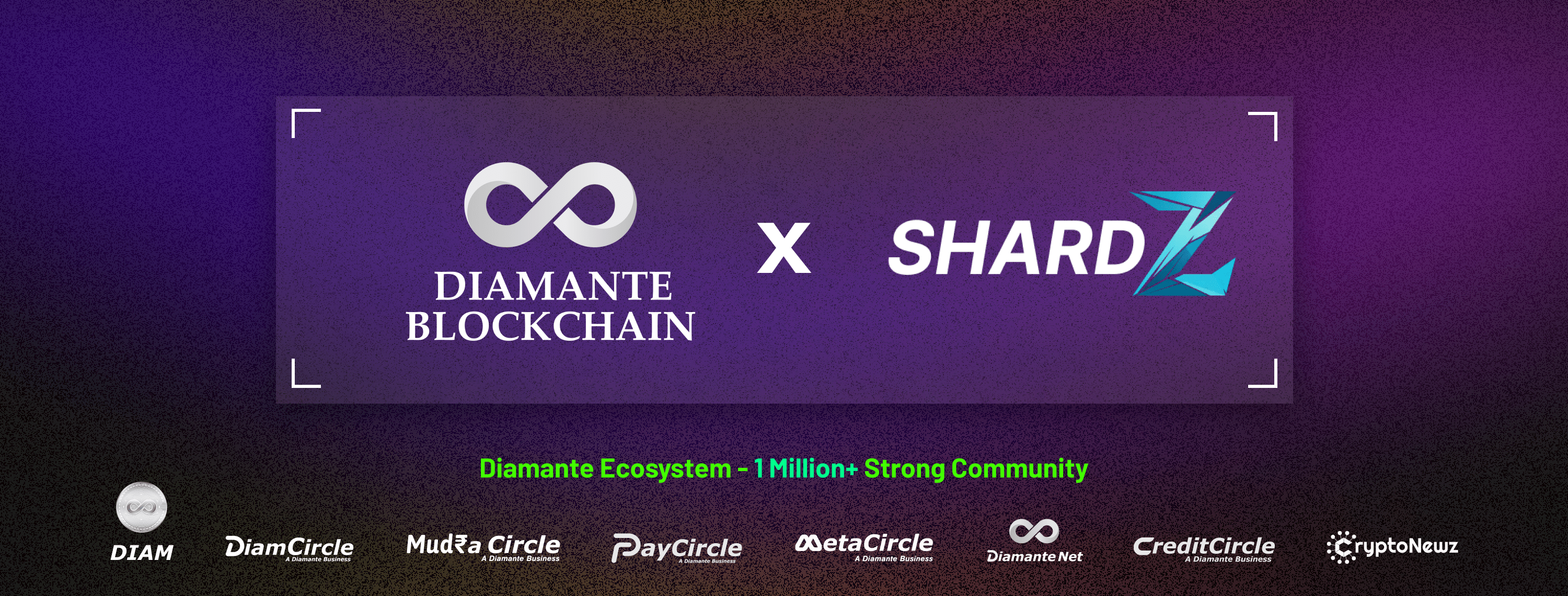 Diamante Blockchain partners with ShardZ for decentralized content creation. Image shows Diamante Blockchain and ShardZ logos with Diamante Ecosystem services like DIAM, DiamCircle, MudraCircle, PayCircle, MetaCircle, DiamanteNet, CreditCircle, and CryptoNewz.