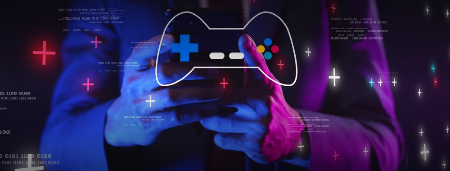 Man playing a video game with a glowing, neon-lit controller and digital binary code, representing the advanced technology and excitement in the gaming industry