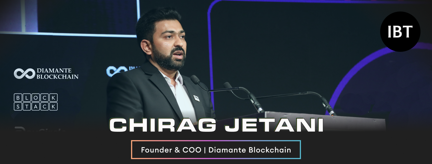 Chirag Jetani, Founder and COO of Diamante Blockchain, speaking at a conference, highlighting blockchain and AI innovations for various industries.
